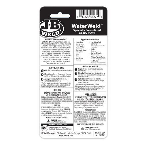 J-B WaterWeld™ Epoxy Putty - Specially Formulated Epoxy Putty for Plugging or Sealing Leaks In Water Tanks And Other Plumbing Repairs 2 oz SKU: 8277 J-B WaterWeld™ Epoxy Putty - Specially Formulated Epoxy Putty for Plugging or Sealing Leaks In Water Tanks And Other Plumbing Repairs 2 oz SKU: 8277